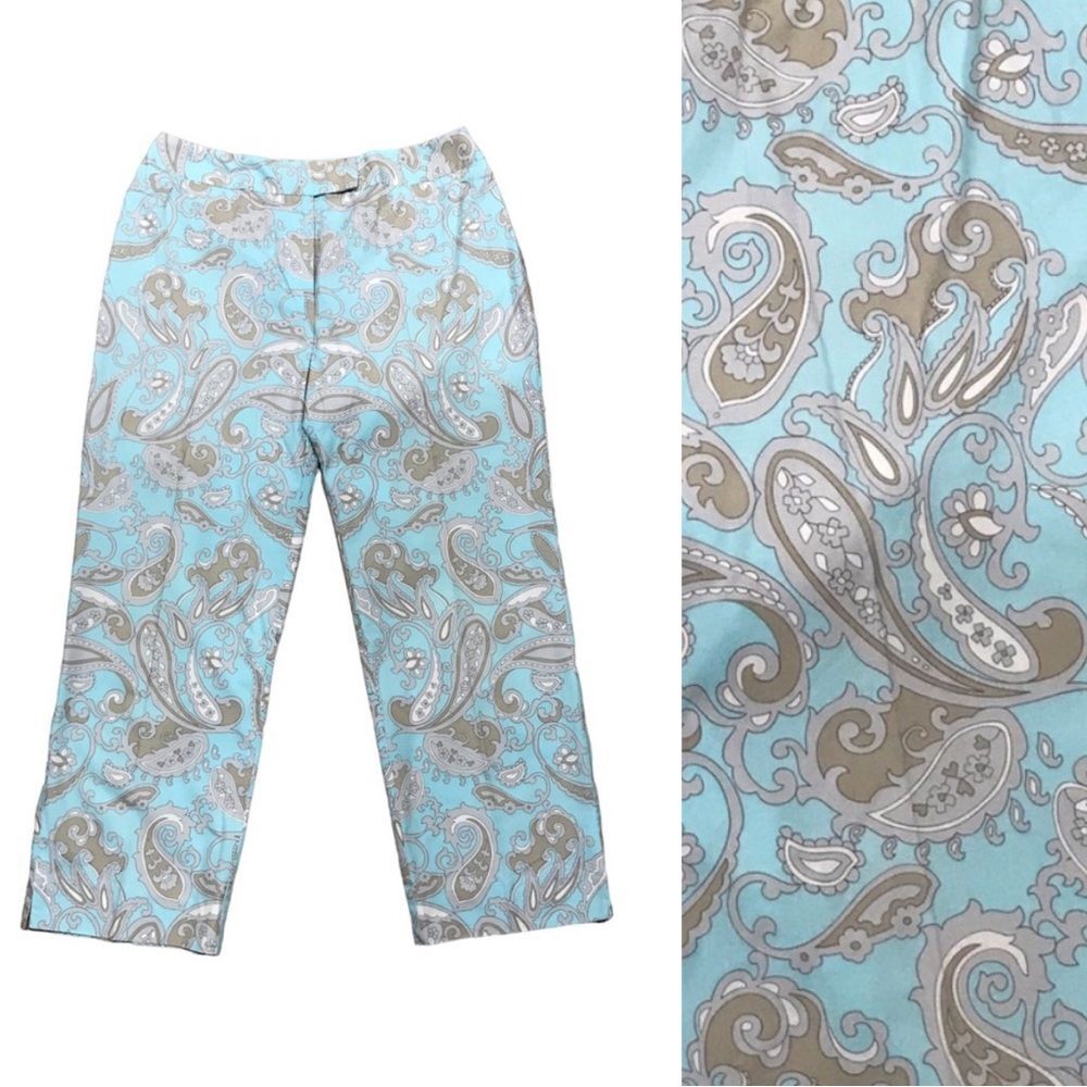 Madison Hill Paisley Pants Blue Tan Soft Cotton Straight Leg Print Stretch Crop